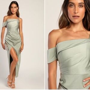 COPY - LULU's Bridesmaid Prom Wedding Maid of Honor Satin Sage Off the Shoulder…